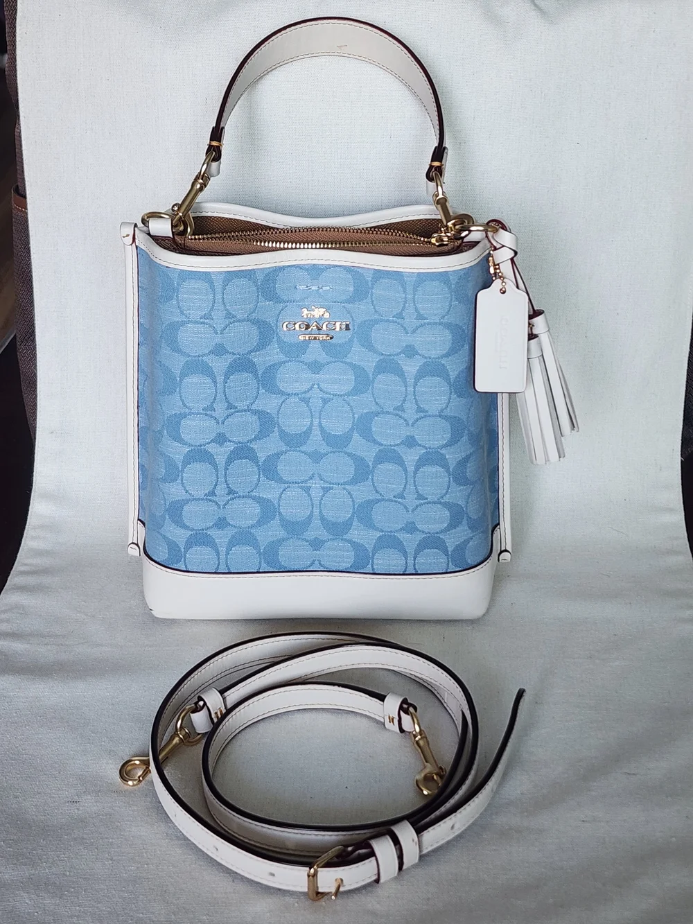 Coach Blue Signature Mollie Canvas Bucket Bag with Chalk Leather Trim